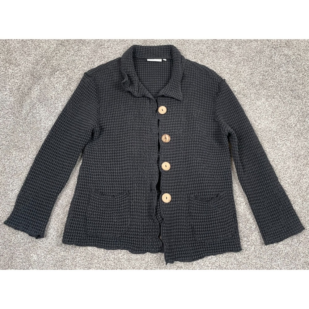 Lulu‎ B Jacket Womens Large Black Waffle Button Down Cotton Boho Slouchy Stretch